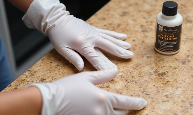 Hand applying protective sealant to a natural stone countertop